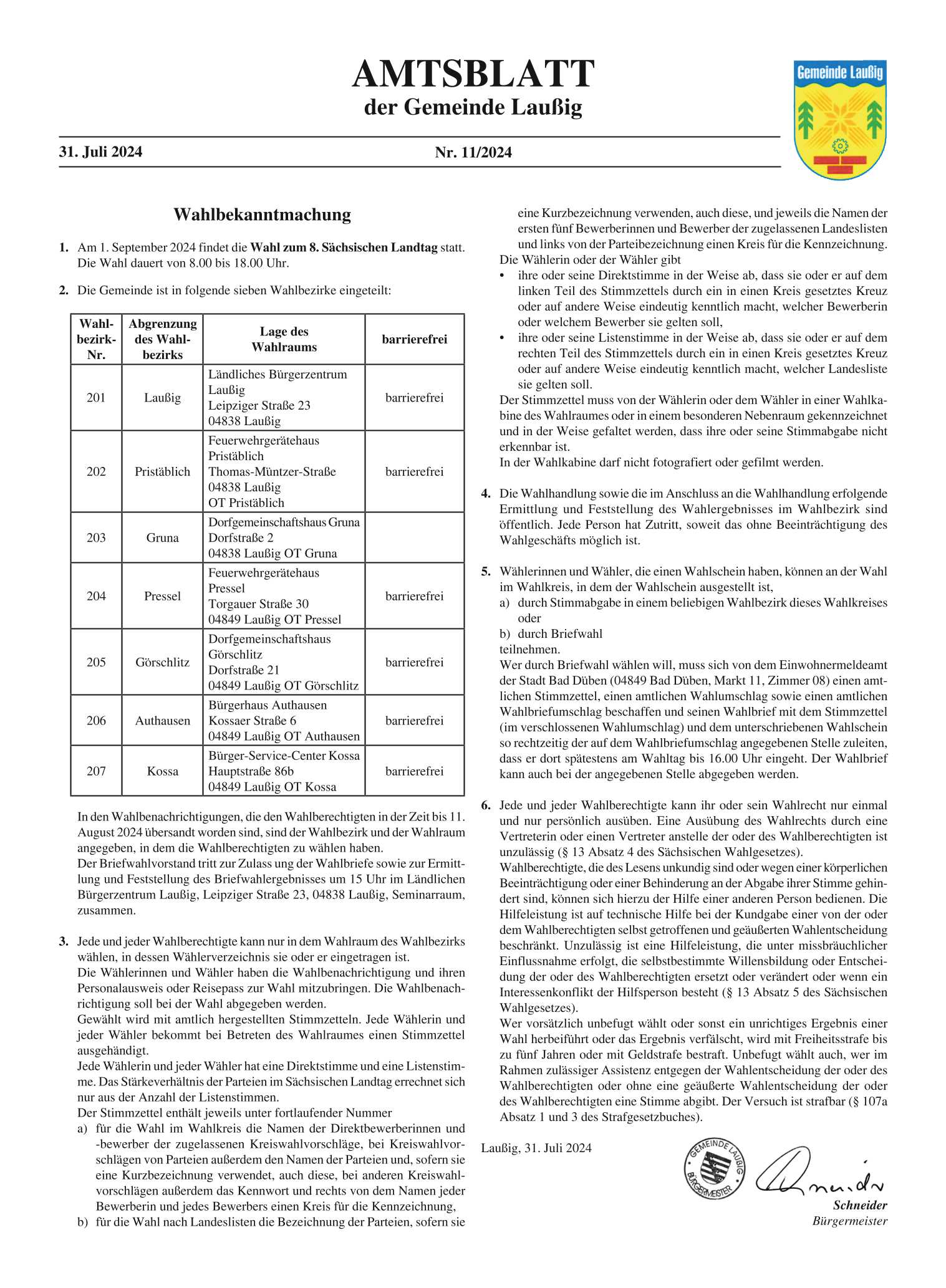 Amtsblatt Nr. 11/2024 vom 31.07.2024 Seite 1