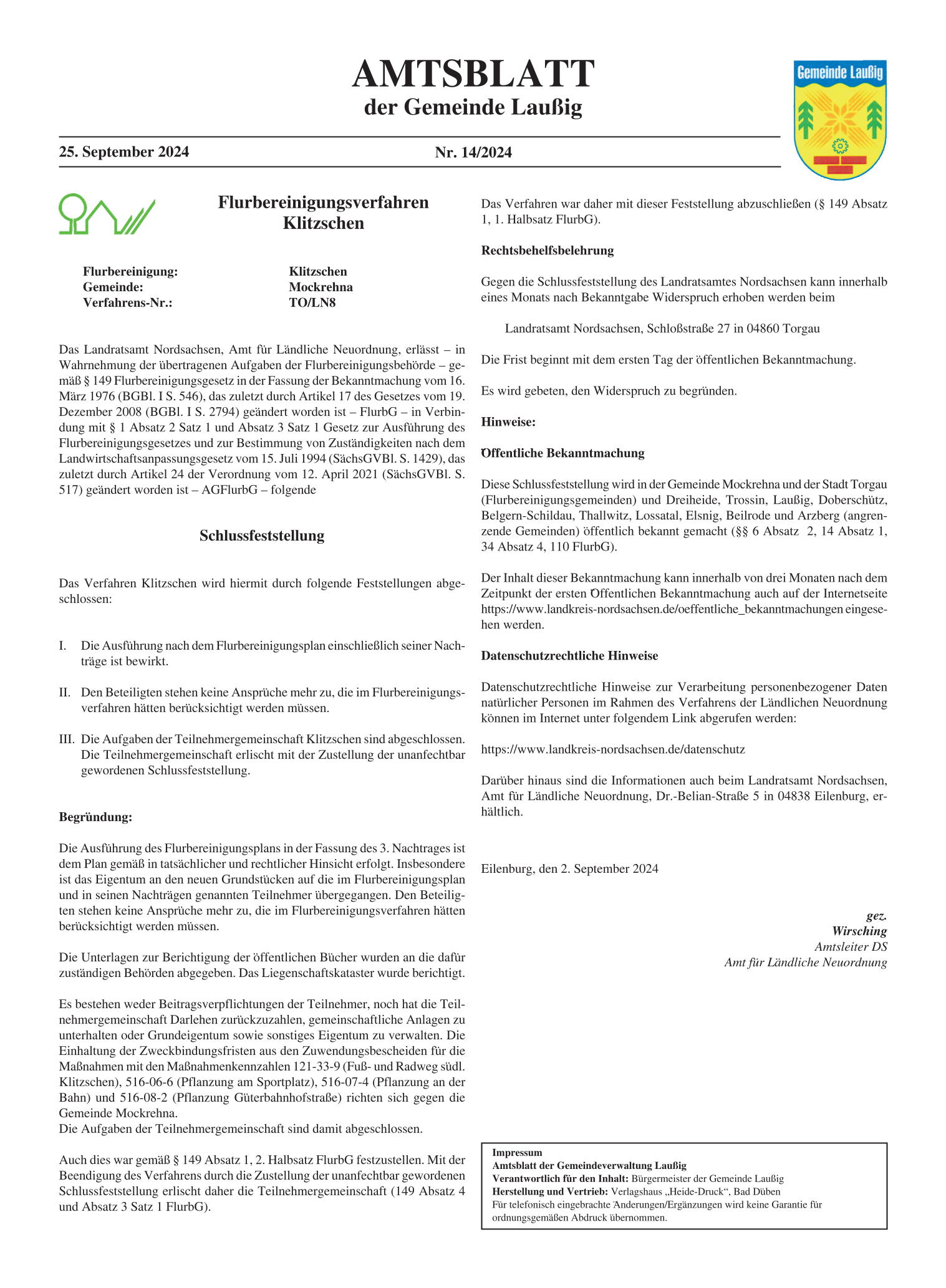 Amtsblatt Nr. 14/2024 vom 25.09.2024 Seite 1