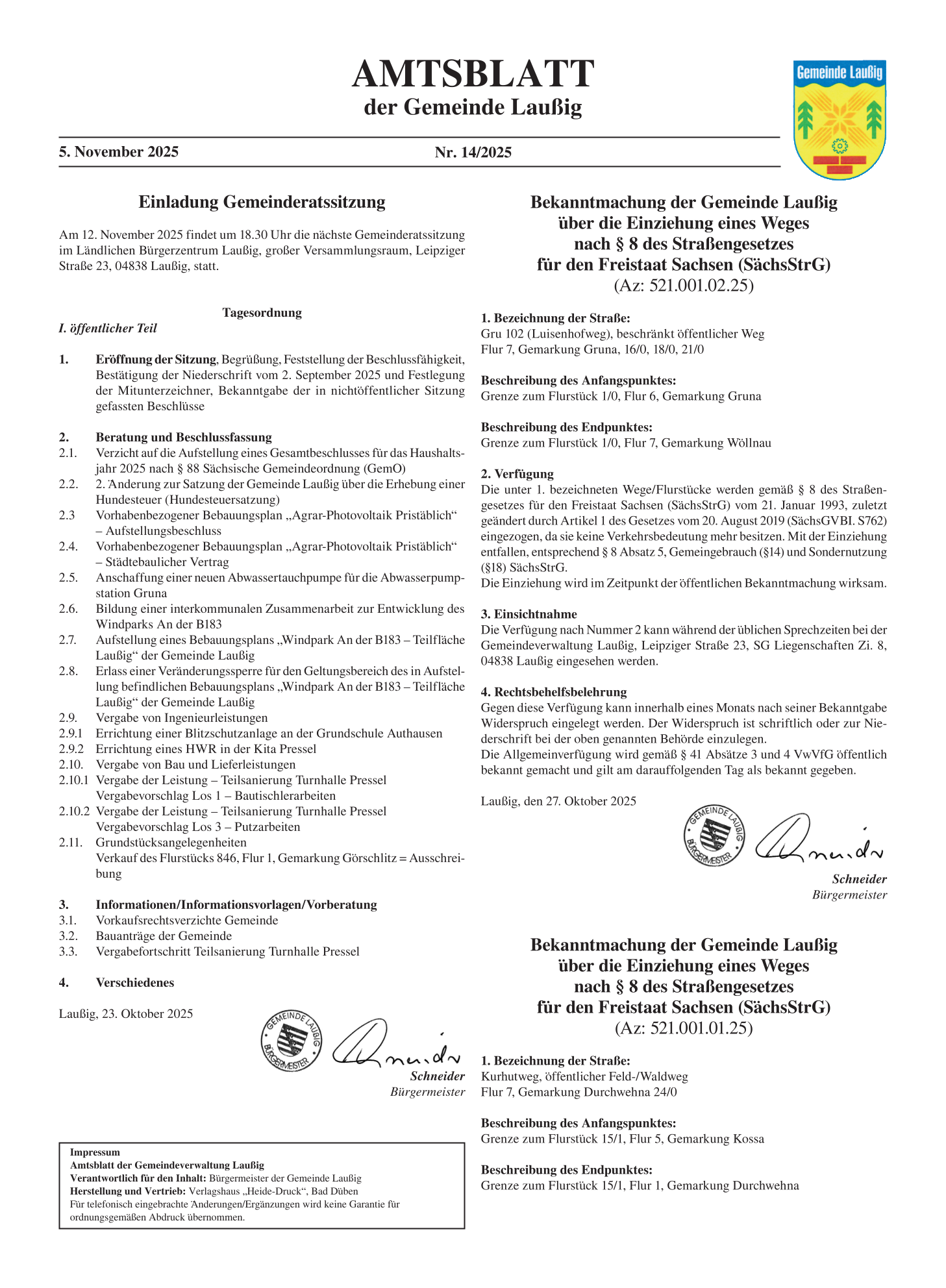 Amtsblatt Nr. 14/2025 vom 05.11.2025 Seite 1 Amtsblatt Nr. 14/2025 vom 05.11.2025 Seite 1