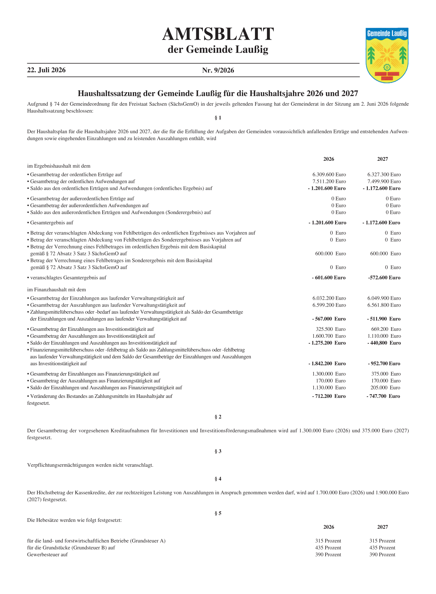 Amtsblatt Nr. 09/2026 vom 22.07.2026 Seite 1 Amtsblatt Nr. 09/2026 vom 22.07.2026 Seite 1