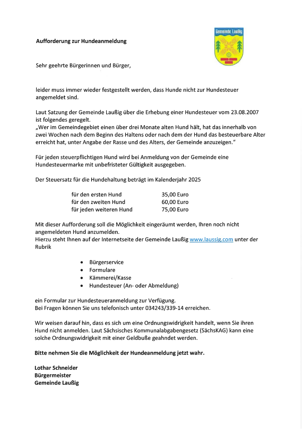 Anmeldung von Hunden im Gemeindegebiet