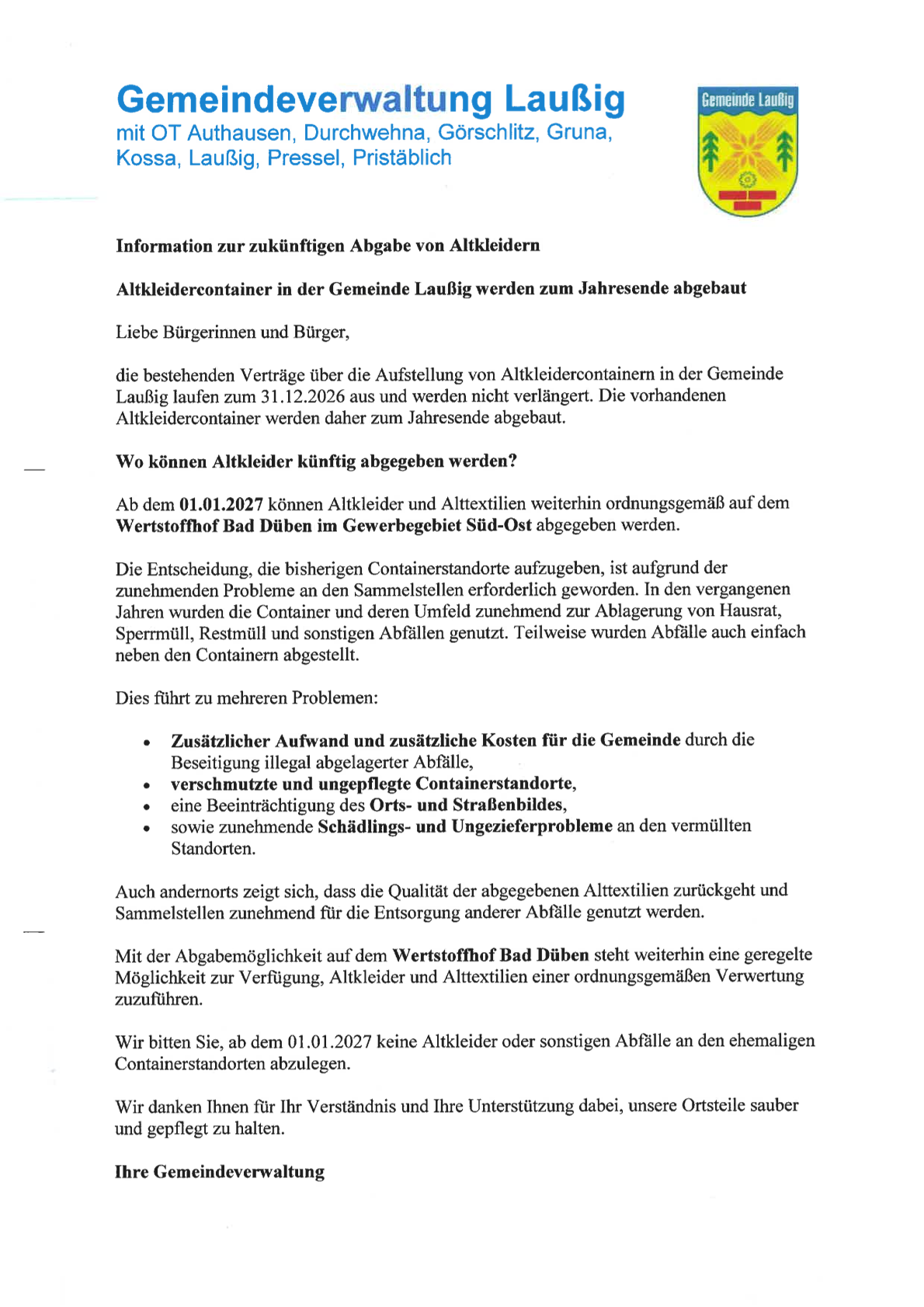 Altkleidercontainer werden zum Jahresende 2026 abgebaut!